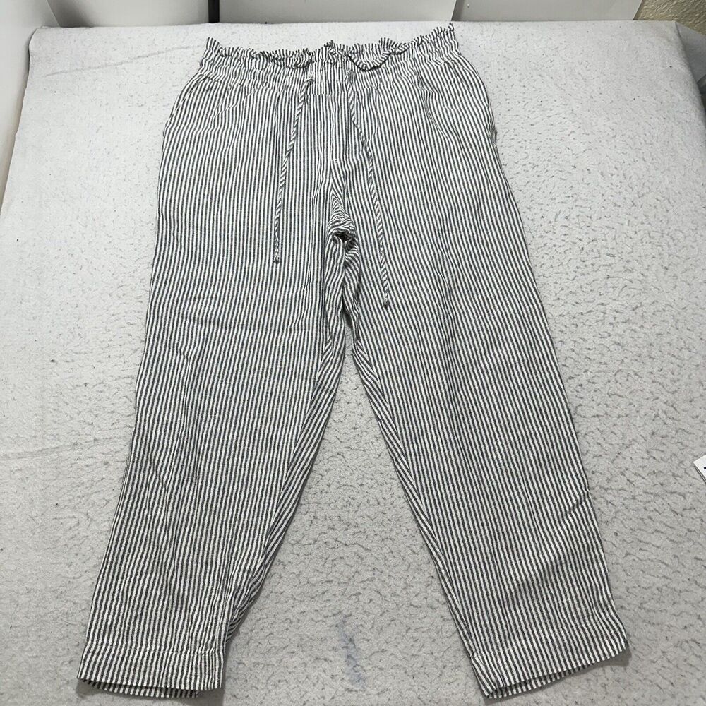 A New Day Women's Large Linen Blend High Rise Lightweight Pants Navy Striped